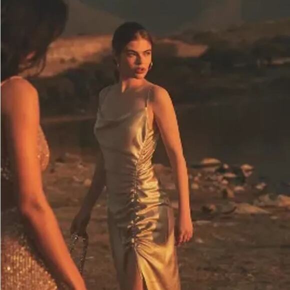 Sachin & Babi Jennings Ruched Hammered Satin Gown Side Slit Slip Dress 6 Small - Picture 6 of 6